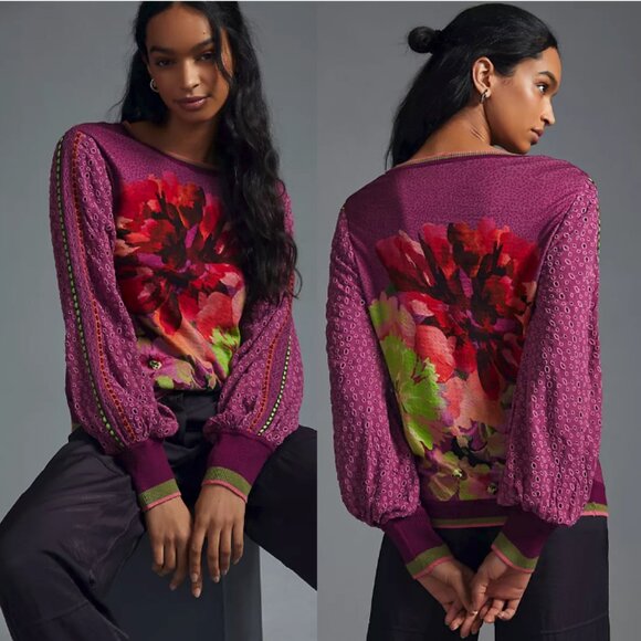 Bl-nk London ANTHROPOLOLGIE Contrast Floral Eyelet Sleeve Pullover Size S - Picture 1 of 9